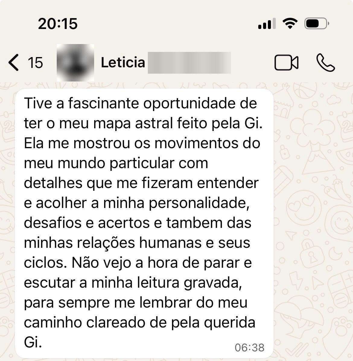 Print de conversa com depoimento de Leticia