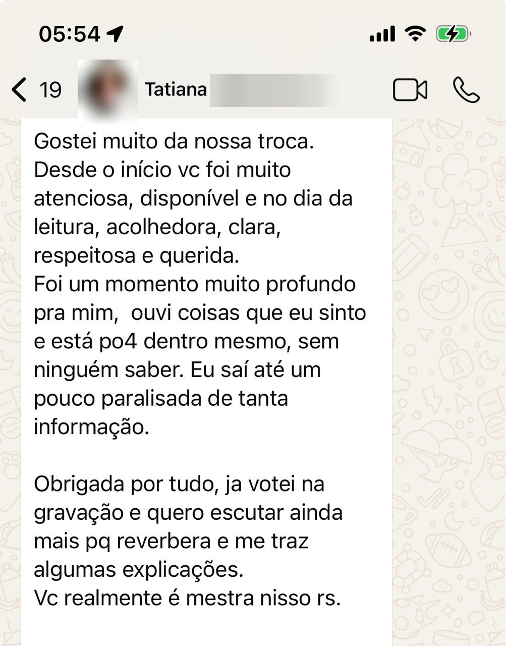 Print de conversa com depoimento de Tatiana