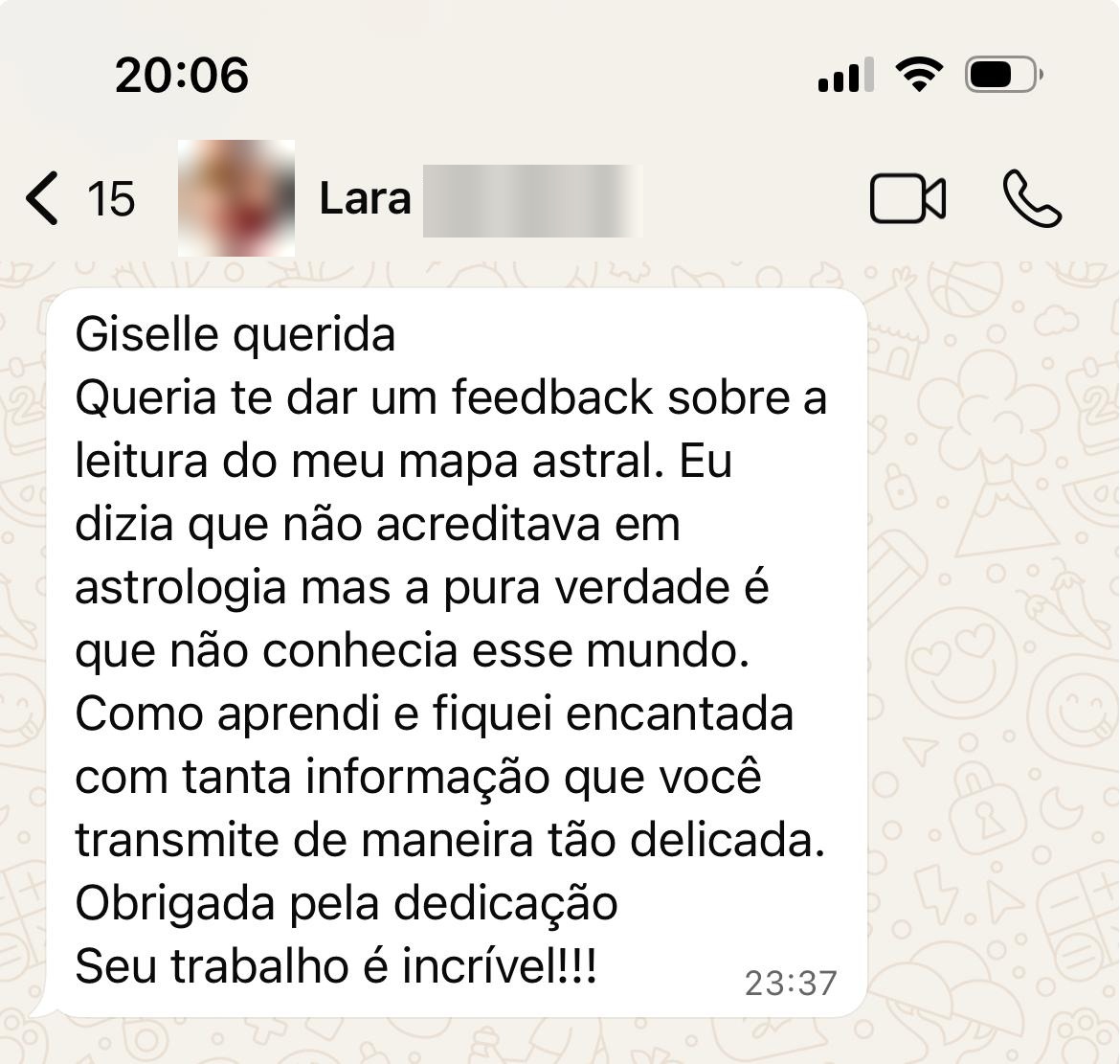 Print de conversa com depoimento de Lara
